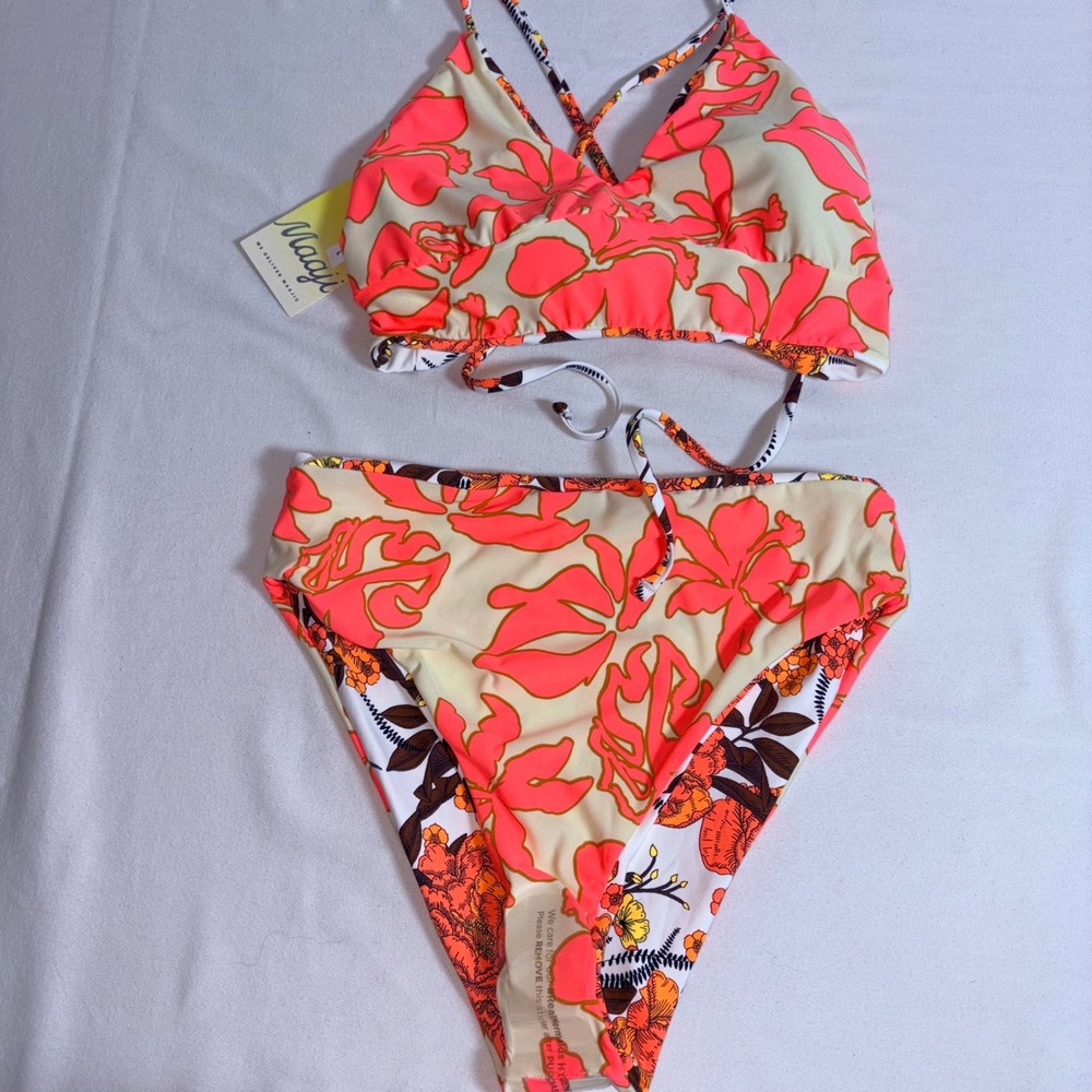 Maaji Reversible Bikini Set large Orange Pink Floral High Waist New With Tags